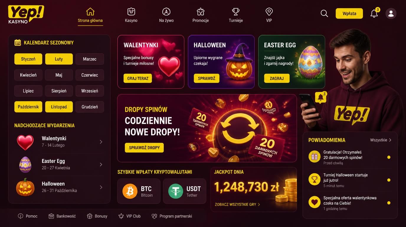 Kalendarz promocji sezonowych Yep Casino z ikonami świąt i kryptowalut