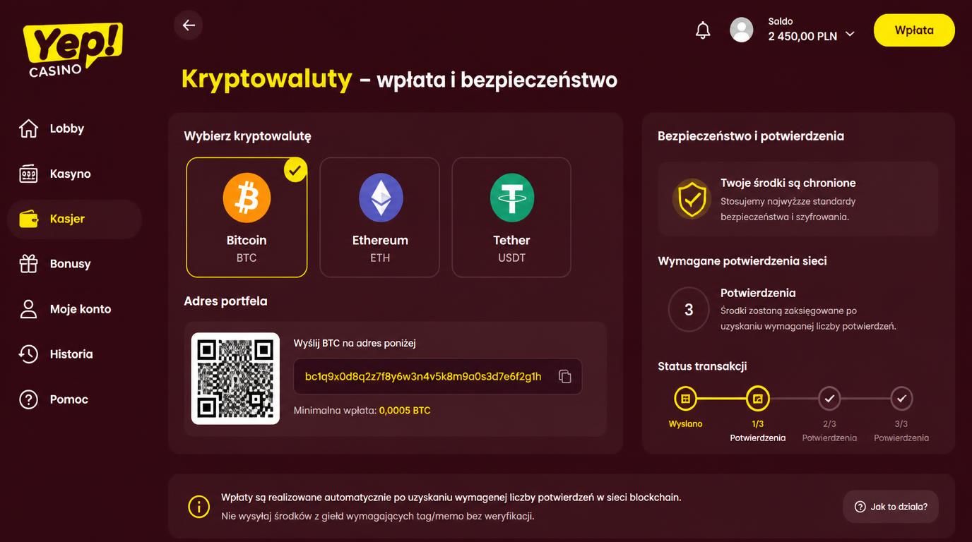 ekrany wpłat kryptowalutowych z symbolami BTC i ETH oraz adres portfela