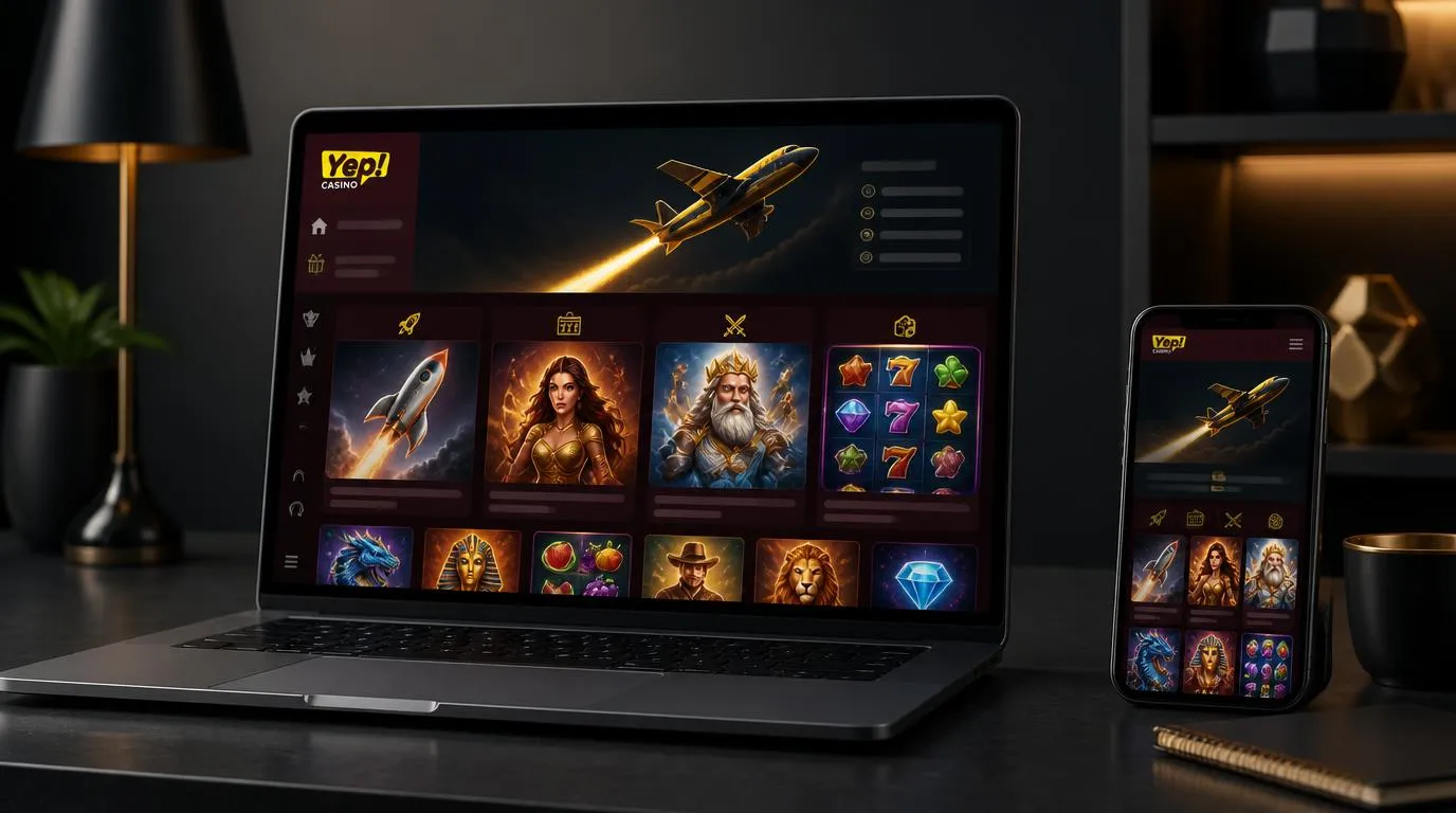 Elegancki interfejs kasyna z kafelkami automatów i gier crash na ekranie laptopa