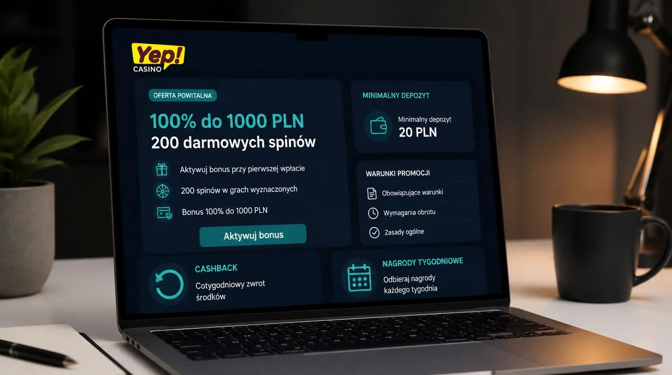 Panel bonusu powitalnego 100% do 1000 PLN i 200 darmowych spinów obok informacji o depozycie 20 PLN