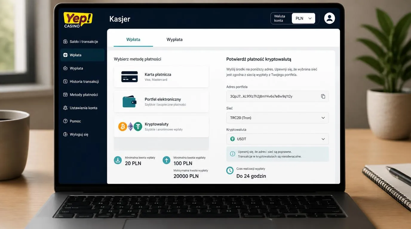 Panel kasyna z kartą informacji o licencji, ofertą powitalną i przyciskiem przejścia do kasjera